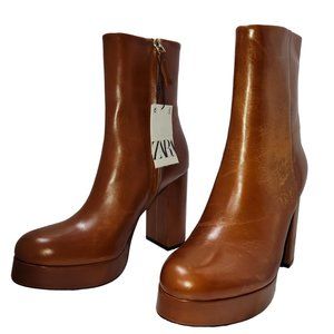 Zara Platform Leather High Heeled Ankle Boot Cognac Women Size 7.5US/38EU NWT